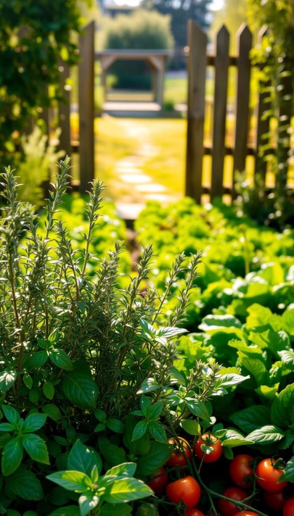 A lush herb and vegetable garden, bathed in warm afternoon sunlight. In the foreground, thriving basil, rosemary, and thyme plants intermingle, their aromatic foliage gently swaying. The middle ground showcases neatly arranged rows of vibrant lettuce, spinach, and cherry tomatoes, their vibrant colors complementing the herbs. In the background, a picturesque wooden fence frames the scene, with a glimpse of a tranquil garden path leading deeper into the verdant oasis. The overall composition conveys a sense of harmony, inviting the viewer to imagine the joys of cultivating a bountiful, self-sustaining herb and vegetable garden. A lush herb and vegetable garden, bathed in warm afternoon sunlight. In the foreground, thriving basil, rosemary, and thyme plants intermingle, their aromatic foliage gently swaying. The middle ground showcases neatly arranged rows of vibrant lettuce, spinach, and cherry tomatoes, their vibrant colors complementing the herbs. In the background, a picturesque wooden fence frames the scene, with a glimpse of a tranquil garden path leading deeper into the verdant oasis. The overall composition conveys a sense of harmony, inviting the viewer to imagine the joys of cultivating a bountiful, self-sustaining herb and vegetable garden.