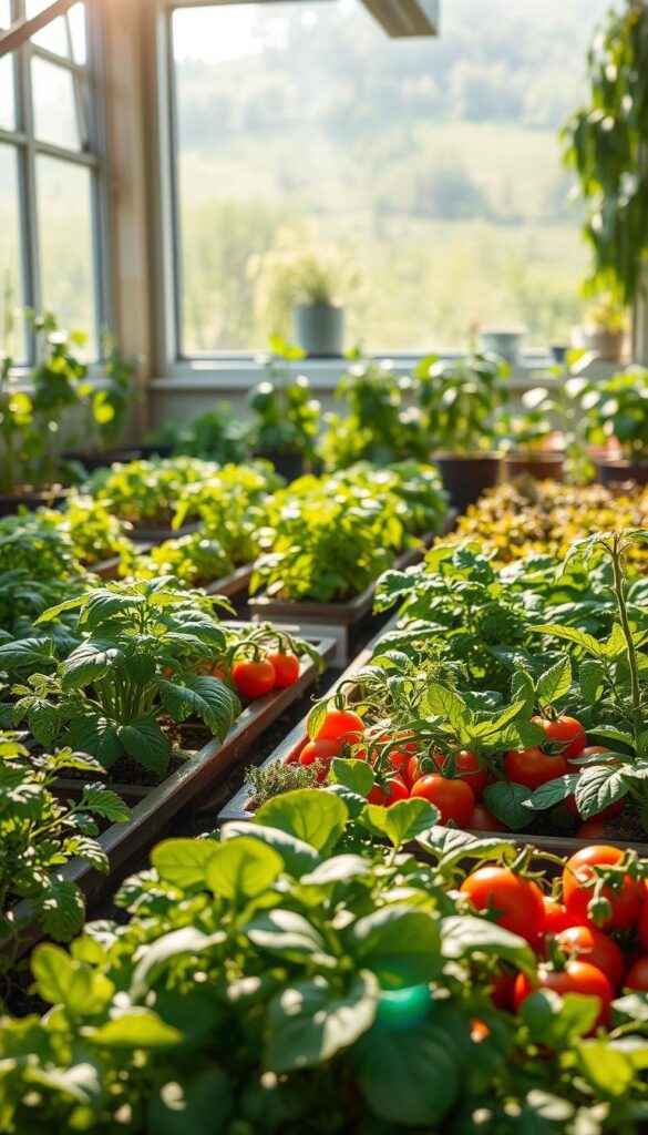A lush indoor garden bursting with vibrant, thriving plants. Sunlight floods the scene, casting a warm, inviting glow. In the foreground, leafy greens, juicy tomatoes, and fragrant herbs grow in neatly organized raised beds. The middle ground features a variety of potted plants, their leaves gently swaying. In the background, a large window overlooks a verdant outdoor landscape, blurring the lines between the indoor and outdoor worlds. The overall atmosphere conveys a sense of peaceful productivity, highlighting the many benefits of growing one's own food, from improved nutrition to the soothing power of connecting with nature. A lush indoor garden bursting with vibrant, thriving plants. Sunlight floods the scene, casting a warm, inviting glow. In the foreground, leafy greens, juicy tomatoes, and fragrant herbs grow in neatly organized raised beds. The middle ground features a variety of potted plants, their leaves gently swaying. In the background, a large window overlooks a verdant outdoor landscape, blurring the lines between the indoor and outdoor worlds. The overall atmosphere conveys a sense of peaceful productivity, highlighting the many benefits of growing one's own food, from improved nutrition to the soothing power of connecting with nature.