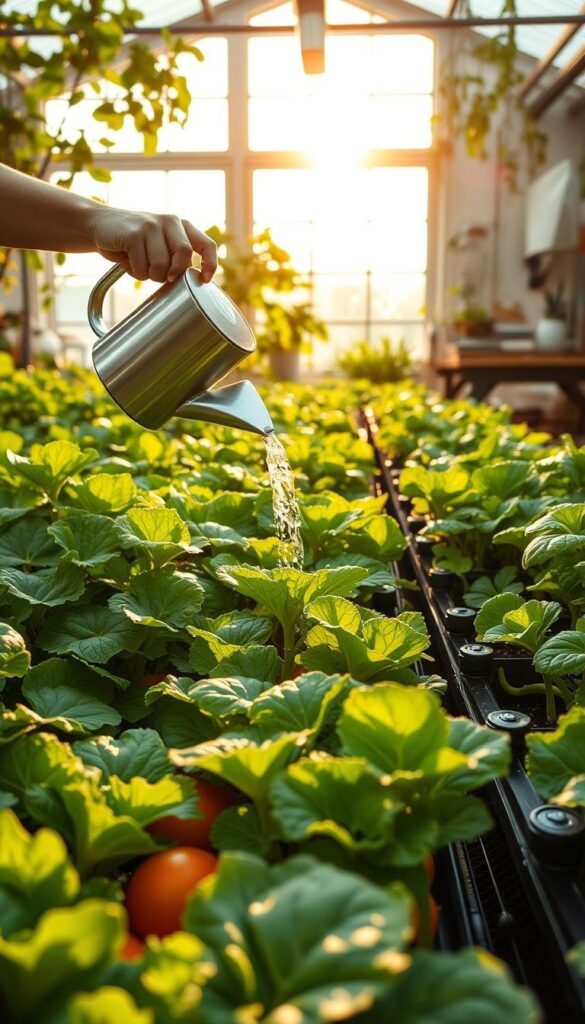 A lush indoor garden filled with healthy, thriving vegetables, bathed in warm, natural sunlight filtering through large windows. In the foreground, a gardener meticulously waters the plants using a sleek, modern watering can, with droplets glistening on the vibrant leaves. The middle ground showcases various irrigation systems, including drip lines and sprinklers, providing efficient and targeted watering. In the background, a well-organized potting bench and gardening tools suggest a dedicated, sustainable approach to indoor cultivation. The overall scene conveys a sense of tranquility, productivity, and a deep connection with the natural world, embodying the techniques and principles of successful vegetable cultivation. A lush indoor garden filled with healthy, thriving vegetables, bathed in warm, natural sunlight filtering through large windows. In the foreground, a gardener meticulously waters the plants using a sleek, modern watering can, with droplets glistening on the vibrant leaves. The middle ground showcases various irrigation systems, including drip lines and sprinklers, providing efficient and targeted watering. In the background, a well-organized potting bench and gardening tools suggest a dedicated, sustainable approach to indoor cultivation. The overall scene conveys a sense of tranquility, productivity, and a deep connection with the natural world, embodying the techniques and principles of successful vegetable cultivation.