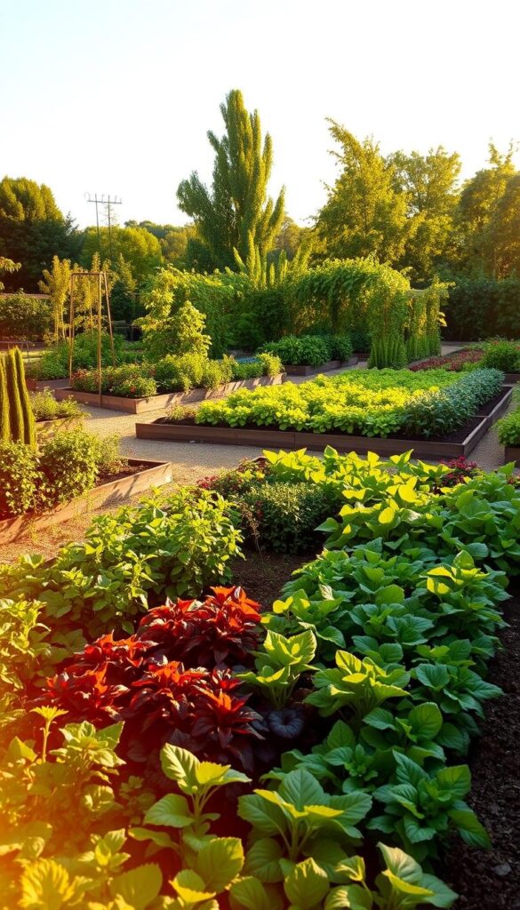 A lush, meticulously designed vegetable garden, bathed in warm, golden afternoon light. In the foreground, a collection of vibrant, flourishing plants arranged in a harmonious layout, showcasing the principles of companion planting and efficient space utilization. The middle ground features neatly defined garden beds, with paths winding through, highlighting the structure and organization of the layout. In the background, a backdrop of verdant foliage and a clear, azure sky, evoking a sense of tranquility and connection with nature. The overall scene conveys a balanced, visually appealing, and practical vegetable garden design, inspiring the viewer to reimagine their own backyard oasis. A lush, meticulously designed vegetable garden, bathed in warm, golden afternoon light. In the foreground, a collection of vibrant, flourishing plants arranged in a harmonious layout, showcasing the principles of companion planting and efficient space utilization. The middle ground features neatly defined garden beds, with paths winding through, highlighting the structure and organization of the layout. In the background, a backdrop of verdant foliage and a clear, azure sky, evoking a sense of tranquility and connection with nature. The overall scene conveys a balanced, visually appealing, and practical vegetable garden design, inspiring the viewer to reimagine their own backyard oasis.