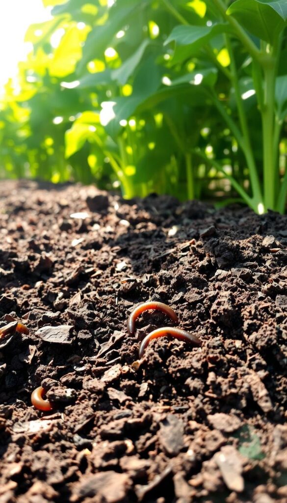 A lush, organic garden soil, rich in dark, loamy humus and teeming with life. In the foreground, a pile of freshly decomposed compost, its earthy aroma wafting through the air. Sunlight filters through the leaves, casting a warm, natural glow over the scene. The soil's texture is evident, with visible bits of decaying matter and the occasional earthworm burrowing through. In the background, healthy green plants thrive, their roots anchored in the nourishing substrate. The overall atmosphere conveys the importance of healthy soil as the foundation for vibrant, thriving vegetation. A lush, organic garden soil, rich in dark, loamy humus and teeming with life. In the foreground, a pile of freshly decomposed compost, its earthy aroma wafting through the air. Sunlight filters through the leaves, casting a warm, natural glow over the scene. The soil's texture is evident, with visible bits of decaying matter and the occasional earthworm burrowing through. In the background, healthy green plants thrive, their roots anchored in the nourishing substrate. The overall atmosphere conveys the importance of healthy soil as the foundation for vibrant, thriving vegetation.