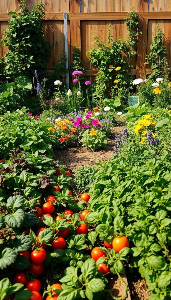 A lush, organic vegetable garden layout showcasing diverse companion planting examples. In the foreground, vibrant rows of leafy greens, tomatoes, and herbs intertwined in a harmonious design. The middle ground features a colorful tapestry of flowering plants attracting beneficial insects. In the background, a picturesque wooden fence frames the scene, conveying a sense of warmth and rustic charm. Natural lighting filters through the foliage, casting soft shadows and highlighting the textural interplay of the plants. The overall composition emanates a serene, cultivated atmosphere, inspiring viewers to explore the beauty and practicality of companion planting strategies. A lush, organic vegetable garden layout showcasing diverse companion planting examples. In the foreground, vibrant rows of leafy greens, tomatoes, and herbs intertwined in a harmonious design. The middle ground features a colorful tapestry of flowering plants attracting beneficial insects. In the background, a picturesque wooden fence frames the scene, conveying a sense of warmth and rustic charm. Natural lighting filters through the foliage, casting soft shadows and highlighting the textural interplay of the plants. The overall composition emanates a serene, cultivated atmosphere, inspiring viewers to explore the beauty and practicality of companion planting strategies.