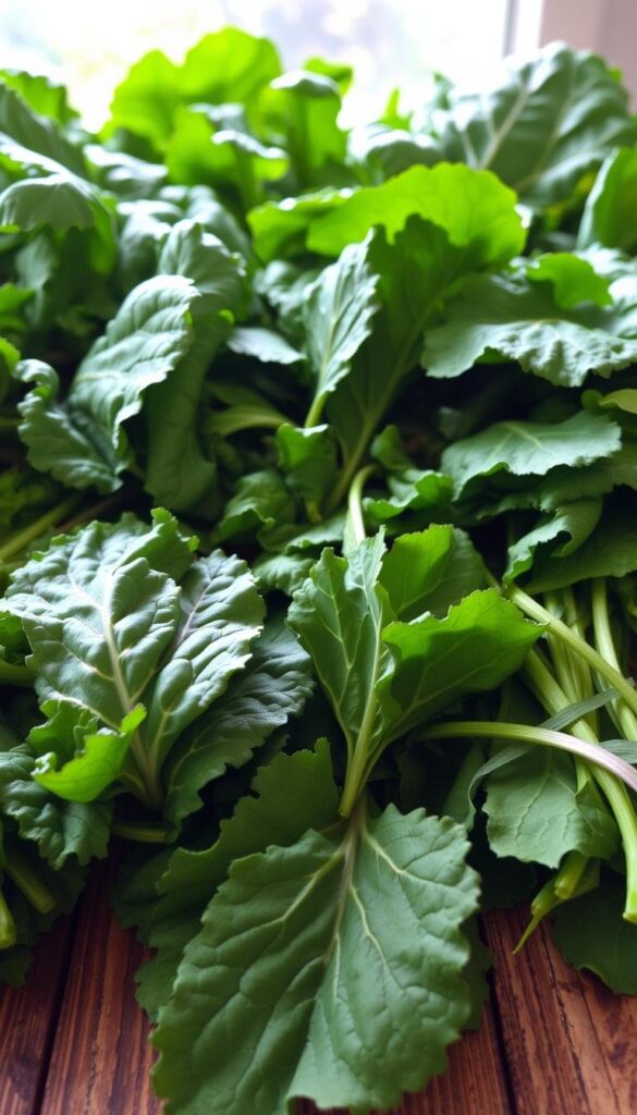 A lush, sun-dappled arrangement of freshly harvested leafy greens - kale, spinach, and Swiss chard - arranged on a rustic wooden table. The vibrant colors and textures of the leaves are highlighted by soft, diffused natural lighting, creating a sense of verdant abundance. In the foreground, individual leaves and stems are sharply in focus, drawing the viewer's eye to the intricate details and pristine condition of the produce. The middle ground features a mix of whole and torn leaves, while the background gently fades into a soft, blurred backdrop, emphasizing the central subject. The overall composition conveys the natural beauty and vitality of these nutritious, home-garden-ready greens. A lush, sun-dappled arrangement of freshly harvested leafy greens - kale, spinach, and Swiss chard - arranged on a rustic wooden table. The vibrant colors and textures of the leaves are highlighted by soft, diffused natural lighting, creating a sense of verdant abundance. In the foreground, individual leaves and stems are sharply in focus, drawing the viewer's eye to the intricate details and pristine condition of the produce. The middle ground features a mix of whole and torn leaves, while the background gently fades into a soft, blurred backdrop, emphasizing the central subject. The overall composition conveys the natural beauty and vitality of these nutritious, home-garden-ready greens.