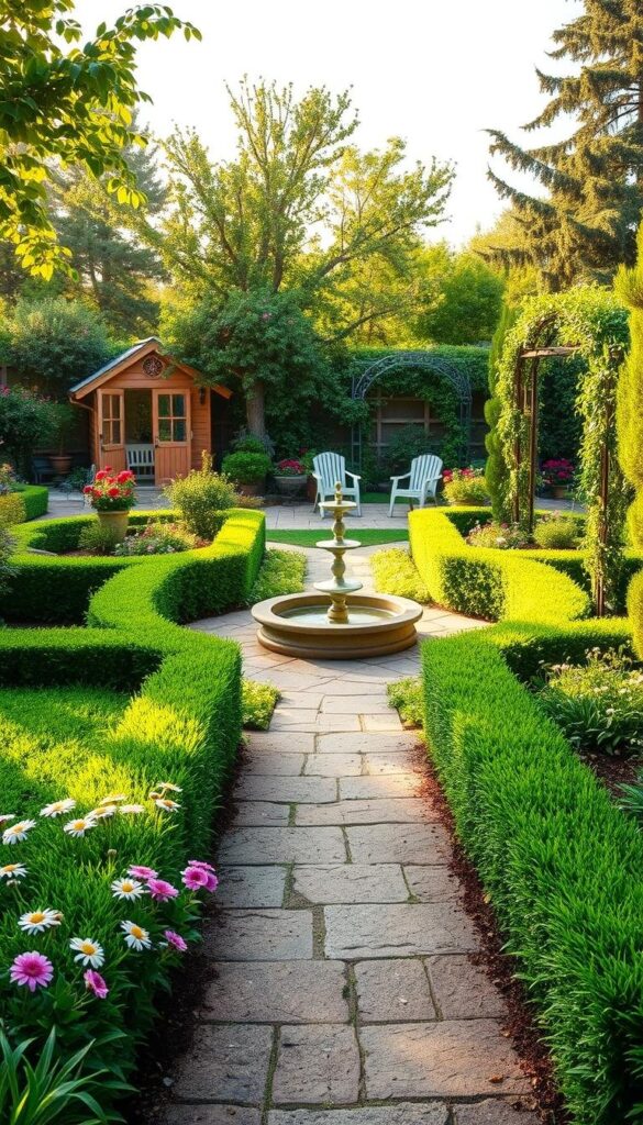 A lush, sun-dappled garden layout design, showcasing an artful arrangement of verdant raised beds, neatly pruned hedges, and a central focal point water feature. The foreground features an elegant pathway winding through the verdant landscape, inviting exploration. Clusters of vibrant flowering plants dot the scene, their petals swaying gently in a soft breeze. The middle ground reveals thoughtfully placed seating areas, offering tranquil spots to admire the garden's harmonious composition. In the background, a picturesque garden shed and a towering trellis support a flourishing vine, completing the idyllic, serene atmosphere. Warm, golden lighting filters through the canopy, casting a gentle glow over the entire scene.