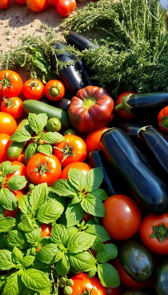 A lush, sun-drenched arrangement of fresh Mediterranean vegetables and herbs. In the foreground, vibrant tomatoes, crisp cucumbers, and fragrant basil leaves. In the middle ground, purple eggplants, zucchini, and bell peppers arranged in an artful display. In the background, a scattering of oregano, thyme, and rosemary sprigs, their verdant hues complementing the overall palette. The lighting is soft and natural, casting gentle shadows and highlighting the produce's textures. Captured with a wide-angle lens to showcase the bounty, this image evokes the essence of a Mediterranean kitchen garden, brimming with the flavors and aromas of the region.