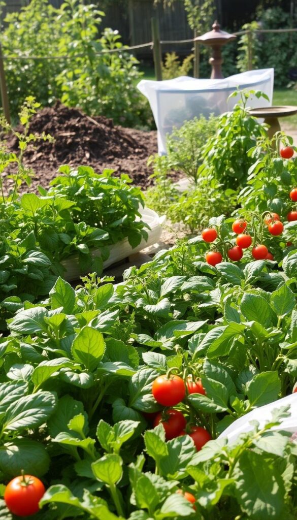 A lush vegetable garden in natural light, with various organic pest control methods in the foreground. In the middle ground, a diverse array of thriving vegetable plants, including leafy greens, tomatoes, and bell peppers. In the background, a well-maintained compost pile and a birdbath, creating a harmonious ecosystem. The scene is bathed in soft, diffused sunlight, conveying a sense of tranquility and balance. Subtle details like ladybugs, floating row covers, and companion planting provide visual cues for the natural pest control methods employed.