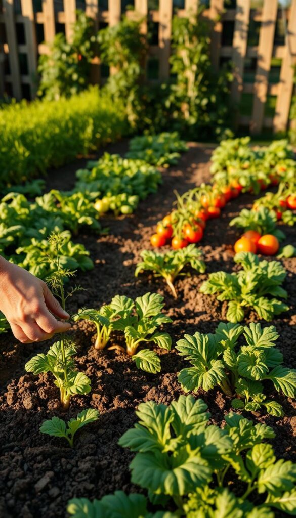 A lush vegetable garden in warm afternoon light, featuring neatly planted rows of vibrant leafy greens, crisp carrots, and plump tomatoes. In the foreground, a gardener's hand gently places a young seedling into the rich, loamy soil, their movements graceful and purposeful. The middle ground showcases a variety of thriving vegetable plants, each at different stages of growth, casting soft shadows on the ground. In the background, a picturesque wooden fence or trellis provides a natural backdrop, hinting at the cozy, peaceful atmosphere of the garden. The overall scene conveys a sense of abundance, diligence, and the rewarding experience of cultivating one's own fresh produce.