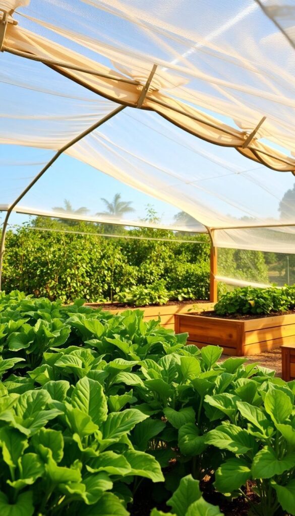 A lush vegetable garden, sheltered by a transparent greenhouse-style canopy, bathed in warm, diffused sunlight filtering through the translucent material. In the foreground, rows of thriving leafy greens and vibrant vegetables, their leaves gently swaying in a gentle breeze. The middle ground features sturdy wooden planters, strategically placed to maximize the use of the protected space. In the background, a backdrop of verdant foliage and a clear, azure sky, creating a sense of tranquility and connection with nature. The overall scene conveys a feeling of well-managed, weather-protected gardening, where the plants can thrive despite the unpredictable outdoor conditions. A lush vegetable garden, sheltered by a transparent greenhouse-style canopy, bathed in warm, diffused sunlight filtering through the translucent material. In the foreground, rows of thriving leafy greens and vibrant vegetables, their leaves gently swaying in a gentle breeze. The middle ground features sturdy wooden planters, strategically placed to maximize the use of the protected space. In the background, a backdrop of verdant foliage and a clear, azure sky, creating a sense of tranquility and connection with nature. The overall scene conveys a feeling of well-managed, weather-protected gardening, where the plants can thrive despite the unpredictable outdoor conditions.