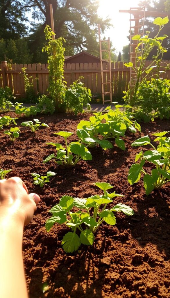 A lush vegetable garden under a warm, golden afternoon sun. In the foreground, a person's hands carefully planting seedlings into the freshly tilled, nutrient-rich soil. The middle ground showcases various vegetable plants at different growth stages, their leaves rustling gently in a light breeze. In the background, a wooden fence and trellis frame the scene, hinting at the orderly layout of the garden. Subtle shadows cast by the plants and the person create a sense of depth and dimension. The overall atmosphere is one of serene productivity, inviting the viewer to imagine the joy of nurturing this bountiful plot.
