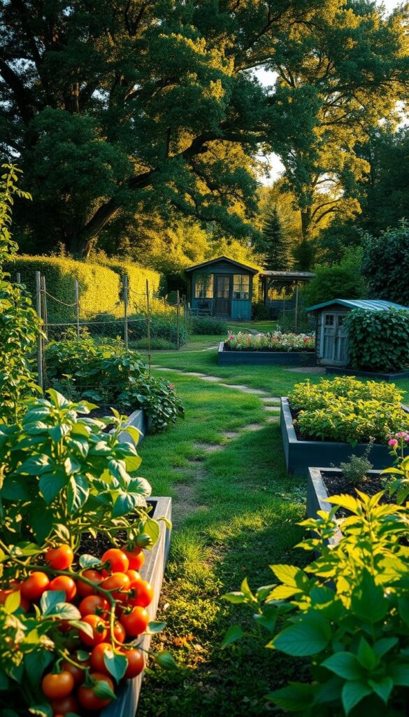 A lush, verdant backyard brimming with thriving vegetable gardens, bathed in warm, golden afternoon light. In the foreground, raised garden beds with a variety of vibrant produce - tomatoes, leafy greens, and colorful peppers. The middle ground showcases a well-tended path winding through the gardens, inviting exploration. In the background, a picturesque shed or greenhouse nestled among mature trees, providing shade and a sense of tranquility. The composition emphasizes the importance of choosing the right location - one that balances sunlight, drainage, and accessibility - to cultivate a bountiful backyard oasis.