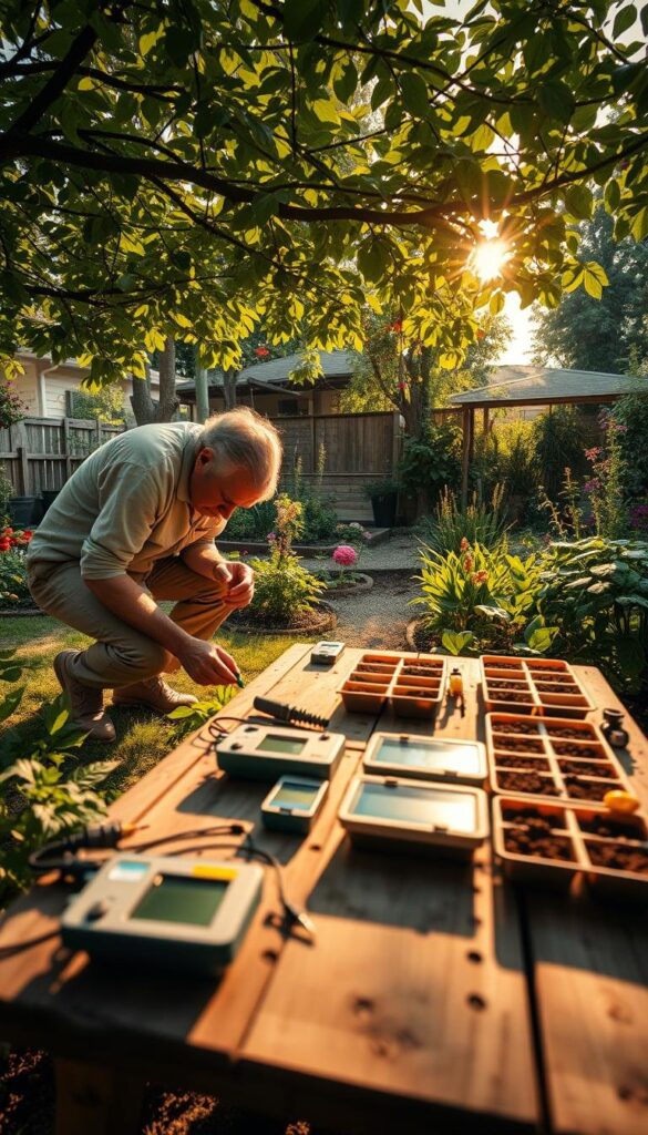 A lush, verdant backyard garden setting, with a central focus on an in-depth soil analysis examination. In the foreground, a researcher kneels, closely inspecting soil samples, their face illuminated by warm, natural sunlight filtering through the canopy of overhanging trees. In the middle ground, an array of soil testing equipment, including pH meters and soil sample trays, are neatly arranged on a weathered wooden table. The background showcases the surrounding garden, with flourishing plants, vibrant flowers, and a sense of tranquility and abundance. Captured with a wide-angle lens, the scene conveys the meticulous care and attention required to cultivate a thriving, productive backyard garden.