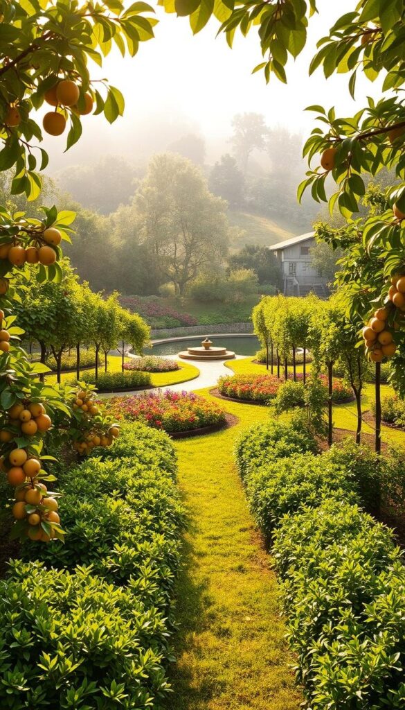 A lush, verdant fruit garden landscaping design with a harmonious layout. In the foreground, neatly arranged rows of thriving fruit trees and bushes, their branches heavy with ripe, colorful produce. The middle ground features a winding path flanked by vibrant flower beds and trellises supporting vines laden with grapes. In the background, a carefully designed water feature, such as a serene pond or gentle stream, reflects the natural beauty of the scene. Warm, diffused sunlight filters through the canopy, casting a golden glow over the entire landscape. The overall atmosphere evokes a sense of tranquility, productivity, and a celebration of nature's abundance. A lush, verdant fruit garden landscaping design with a harmonious layout. In the foreground, neatly arranged rows of thriving fruit trees and bushes, their branches heavy with ripe, colorful produce. The middle ground features a winding path flanked by vibrant flower beds and trellises supporting vines laden with grapes. In the background, a carefully designed water feature, such as a serene pond or gentle stream, reflects the natural beauty of the scene. Warm, diffused sunlight filters through the canopy, casting a golden glow over the entire landscape. The overall atmosphere evokes a sense of tranquility, productivity, and a celebration of nature's abundance.
