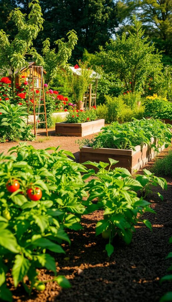A lush, verdant garden bursting with vibrant vegetation takes center stage. In the foreground, rows of thriving vegetable plants - tomatoes, peppers, leafy greens - sway gently in the warm afternoon sunlight, casting soft shadows on the rich, loamy soil. The middle ground features a small, rustic wooden planter box overflowing with fragrant herbs, while the background showcases a charming garden shed surrounded by a flourishing array of flowering plants and trees. The scene evokes a sense of tranquility, accomplishment, and the pure joy of nurturing one's own bountiful harvest. Captured with a wide-angle lens and soft, diffused lighting, this image embodies the fulfillment and pride of starting and tending to your very own vegetable garden.