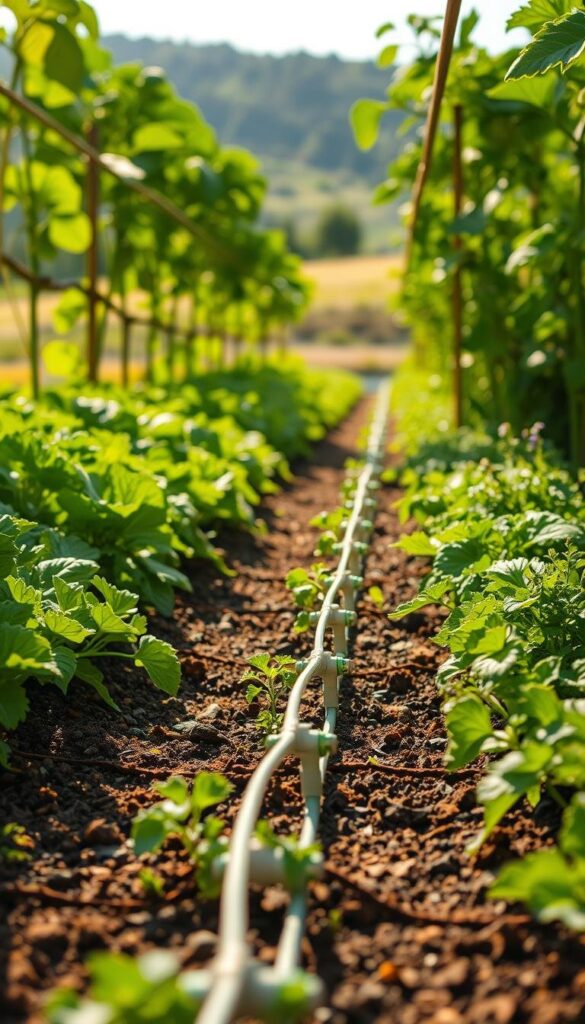 A lush, verdant garden with rows of thriving vegetables and herbs. In the foreground, a drip irrigation system meticulously waters the soil, delivering precise, controlled amounts of moisture to the plant roots. Sunlight filters through the canopy, casting a warm, golden glow across the scene. The middle ground showcases the intricate network of tubing and emitters, expertly designed to maximize water efficiency and minimize waste. In the background, a serene, natural landscape provides a tranquil backdrop, emphasizing the harmony between the garden and its surrounding environment. The overall composition conveys a sense of sustainability, balance, and the nurturing relationship between the gardener and their plants.