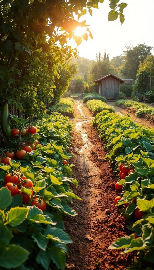 A lush, verdant vegetable garden bathed in soft, warm sunlight. In the foreground, rows of thriving organic produce - juicy tomatoes, vibrant leafy greens, and plump squashes. Winding paths lead the eye through the middle ground, where gardeners tend to their plants with care and diligence. In the background, a charming rustic shed and a bounty of freshly harvested vegetables await. The scene emanates a sense of serenity and abundance, capturing the essence of sustainable, mindful vegetable gardening.