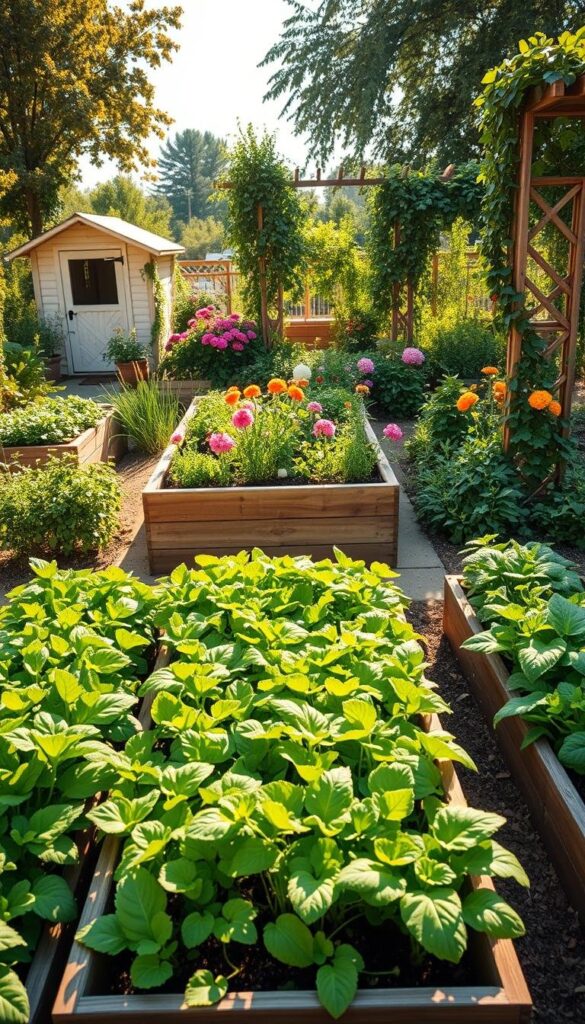 A lush, verdant vegetable garden with a neatly organized layout, showcasing essential tips for successful home gardening. In the foreground, raised beds brimming with thriving greens, herbs, and vibrant vegetables, illuminated by warm, natural sunlight. The middle ground features a wooden planter box overflowing with colorful blooms, complementing the overall harmonious design. In the background, a quaint garden shed and a trellis adorned with climbing vines set the scene, creating a serene and inviting atmosphere. The perspective offers a bird's-eye view, emphasizing the thoughtful layout and organization of this productive and visually appealing vegetable garden. A lush, verdant vegetable garden with a neatly organized layout, showcasing essential tips for successful home gardening. In the foreground, raised beds brimming with thriving greens, herbs, and vibrant vegetables, illuminated by warm, natural sunlight. The middle ground features a wooden planter box overflowing with colorful blooms, complementing the overall harmonious design. In the background, a quaint garden shed and a trellis adorned with climbing vines set the scene, creating a serene and inviting atmosphere. The perspective offers a bird's-eye view, emphasizing the thoughtful layout and organization of this productive and visually appealing vegetable garden.