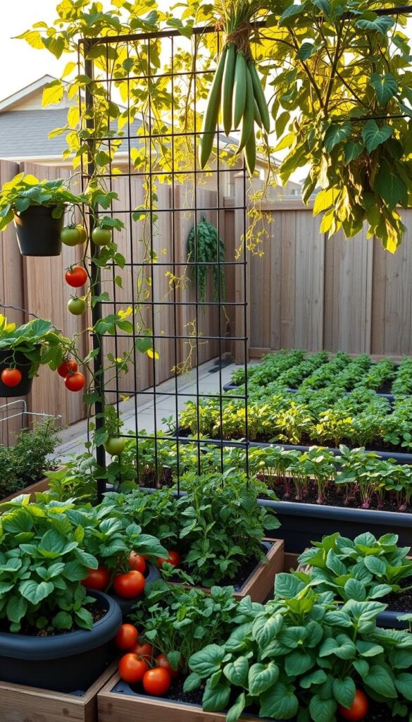A lush, vertical vegetable garden layout showcasing a variety of thriving produce. In the foreground, neatly arranged planter boxes and hanging baskets brimming with leafy greens, juicy tomatoes, and vibrant herbs. The middle ground features a modular trellis system supporting climbing vines of zucchini and peas, bathed in warm, directional lighting that casts dynamic shadows. In the background, a neatly maintained raised bed garden frames the scene, with rows of carrots, beets, and radishes flourishing under the gentle glow of the afternoon sun. The overall composition highlights the efficient use of vertical space, creating a visually striking and productive vegetable garden tailored for an urban backyard. A lush, vertical vegetable garden layout showcasing a variety of thriving produce. In the foreground, neatly arranged planter boxes and hanging baskets brimming with leafy greens, juicy tomatoes, and vibrant herbs. The middle ground features a modular trellis system supporting climbing vines of zucchini and peas, bathed in warm, directional lighting that casts dynamic shadows. In the background, a neatly maintained raised bed garden frames the scene, with rows of carrots, beets, and radishes flourishing under the gentle glow of the afternoon sun. The overall composition highlights the efficient use of vertical space, creating a visually striking and productive vegetable garden tailored for an urban backyard.