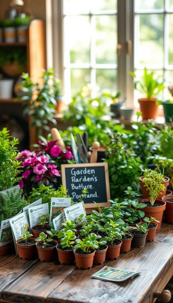 A lush, vibrant garden selection guide displayed on a rustic wooden table. In the foreground, an assortment of potted plants and seedlings arranged neatly, showcasing a variety of textures, colors, and foliage types. The middle ground features open seed packets, gardening tools, and a small chalkboard with handwritten plant names. In the background, a blurred window lets in soft, natural light, casting a warm, earthy glow over the scene. The overall composition evokes a sense of calm, inspiration, and the joyful pursuit of backyard gardening.
