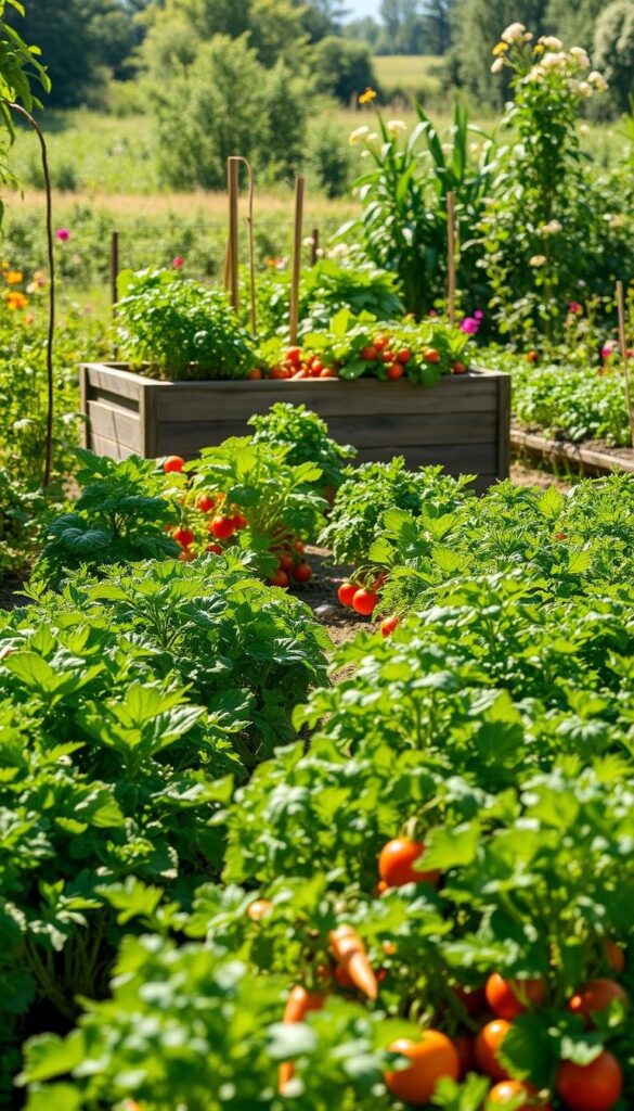 A lush, vibrant vegetable garden nestled in a serene backyard setting. In the foreground, rows of thriving seasonal crops like leafy greens, crisp carrots, and juicy tomatoes bask in natural sunlight. The middle ground features a rustic wooden planter box overflowing with a variety of vegetables, while the background showcases a verdant landscape dotted with blooming flowers. The composition is enhanced by soft, diffused lighting that casts gentle shadows, creating a sense of depth and tranquility. The image conveys the beauty and abundance of a well-planned, low-maintenance DIY vegetable garden that can be enjoyed throughout the changing seasons. A lush, vibrant vegetable garden nestled in a serene backyard setting. In the foreground, rows of thriving seasonal crops like leafy greens, crisp carrots, and juicy tomatoes bask in natural sunlight. The middle ground features a rustic wooden planter box overflowing with a variety of vegetables, while the background showcases a verdant landscape dotted with blooming flowers. The composition is enhanced by soft, diffused lighting that casts gentle shadows, creating a sense of depth and tranquility. The image conveys the beauty and abundance of a well-planned, low-maintenance DIY vegetable garden that can be enjoyed throughout the changing seasons.