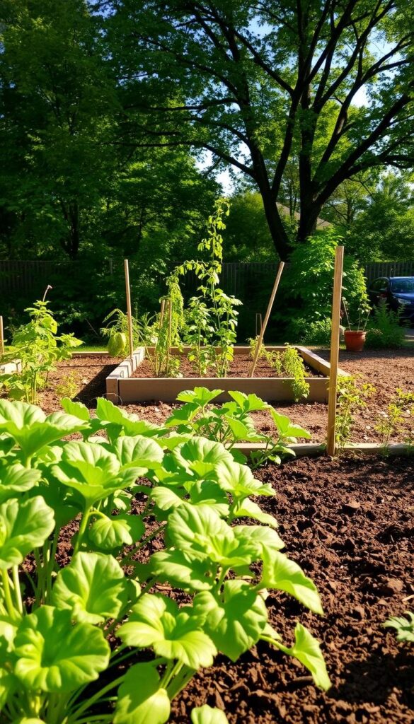 A lush, well-designed backyard garden with optimal sunlight and soil conditions. The foreground showcases a variety of thriving vegetable plants, their leaves glistening in the warm afternoon light. The middle ground features a neatly bordered raised garden bed, its soil rich and dark, ready for planting. In the background, a verdant canopy of trees provides dappled shade, creating a perfect microclimate for the garden. The scene exudes a sense of balance, productivity, and harmony, inviting the viewer to imagine the bounty of fresh, homegrown produce that could be harvested from this idyllic setting. A lush, well-designed backyard garden with optimal sunlight and soil conditions. The foreground showcases a variety of thriving vegetable plants, their leaves glistening in the warm afternoon light. The middle ground features a neatly bordered raised garden bed, its soil rich and dark, ready for planting. In the background, a verdant canopy of trees provides dappled shade, creating a perfect microclimate for the garden. The scene exudes a sense of balance, productivity, and harmony, inviting the viewer to imagine the bounty of fresh, homegrown produce that could be harvested from this idyllic setting.