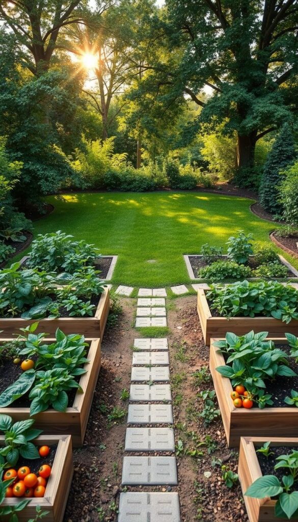 A lush, well-organized vegetable garden layout with clearly marked sunlight zones. The foreground features raised garden beds in a symmetrical arrangement, with crops like tomatoes, leafy greens, and root vegetables thriving in the optimal sunlight conditions. The middle ground showcases a central pathway lined with decorative pavers, allowing easy navigation through the productive plot. In the background, a verdant, manicured lawn frames the scene, complemented by the warm glow of the afternoon sun filtering through the canopy of mature trees. The composition emphasizes the harmony between functionality and aesthetics, creating an inviting and inspiring backyard oasis for the urban gardener.
