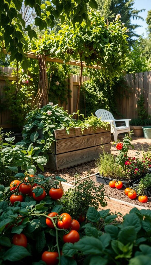 A lush, well-planned urban vegetable garden nestled in a sunlit backyard. The foreground features neatly arranged beds of thriving tomatoes, leafy greens, and vibrant herbs. In the middle ground, a weathered wooden planter box overflows with cascading vines and blooming flowers, complementing the greenery. The background showcases a cozy seating area shaded by a verdant trellis, inviting relaxation amidst the verdant oasis. Dappled sunlight filters through the foliage, casting a warm, inviting glow over the entire scene. A wide-angle lens captures the harmonious integration of the garden's functional and aesthetic elements, embodying the joys of thoughtful backyard vegetable cultivation. A lush, well-planned urban vegetable garden nestled in a sunlit backyard. The foreground features neatly arranged beds of thriving tomatoes, leafy greens, and vibrant herbs. In the middle ground, a weathered wooden planter box overflows with cascading vines and blooming flowers, complementing the greenery. The background showcases a cozy seating area shaded by a verdant trellis, inviting relaxation amidst the verdant oasis. Dappled sunlight filters through the foliage, casting a warm, inviting glow over the entire scene. A wide-angle lens captures the harmonious integration of the garden's functional and aesthetic elements, embodying the joys of thoughtful backyard vegetable cultivation.