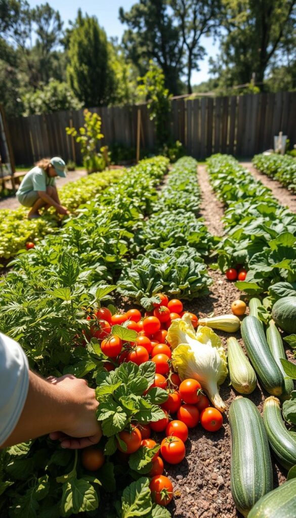 A lush, well-tended backyard vegetable garden on a sunny summer day. In the foreground, a person in casual clothing crouches down, carefully harvesting an array of vibrant, healthy vegetables - ripe tomatoes, crisp lettuce, plump zucchini, and more. The middle ground features neatly arranged rows of flourishing plants, with sunlight streaming through the leaves. In the background, a wooden fence and a few trees create a sense of enclosure and tranquility. The overall scene conveys a feeling of abundance, satisfaction, and the joys of homegrown produce. Captured with a wide-angle lens to showcase the full extent of the bountiful harvest.