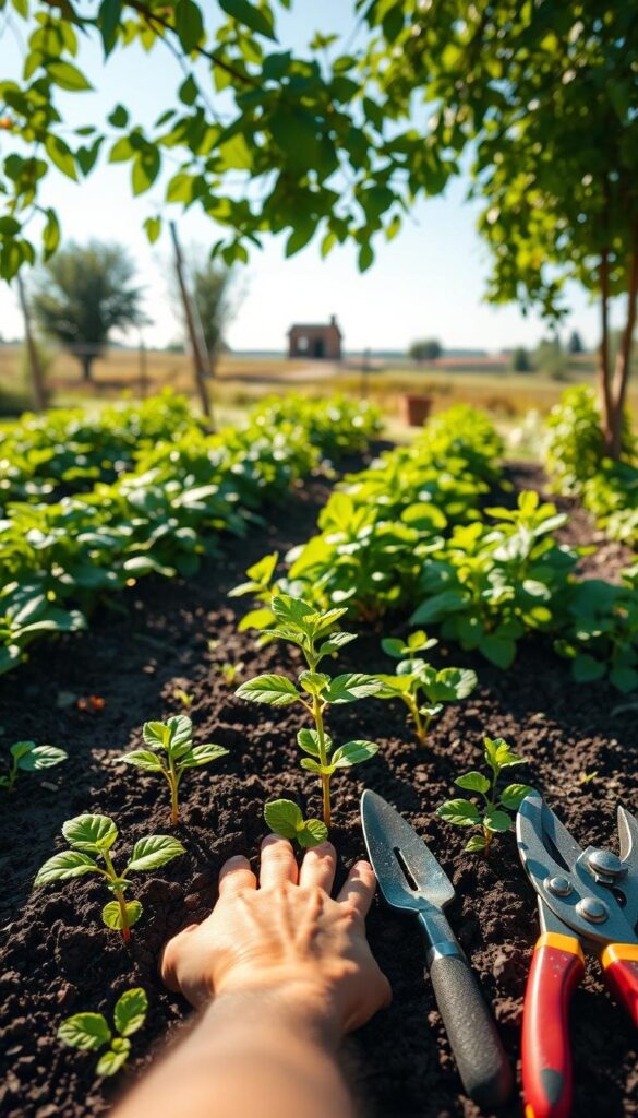 A lush, well-tended garden filled with vibrant, healthy plants. In the foreground, a person's hands carefully tending to the soil, planting seedlings with precision. Mid-ground, a variety of garden tools neatly arranged - trowels, pruners, gloves. In the background, a sunny, serene landscape with a few trees and a clear blue sky. The lighting is warm and natural, conveying a sense of tranquility and accomplishment. The overall composition highlights the essential skills of successful gardening - soil preparation, plant selection, and proper tool usage.