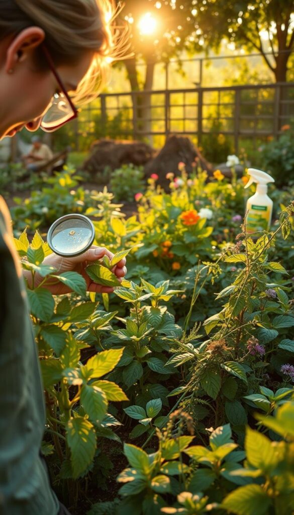 A lush, well-tended organic garden with a variety of plants and natural pest control methods. In the foreground, a gardener carefully inspects leaves for signs of pests, using a loupe to examine them closely. The middle ground features companion planting of herbs and flowers, creating a diverse ecosystem that attracts beneficial insects. In the background, a compost pile and a natural spray bottle suggest organic pest management approaches. Warm, golden sunlight filters through the foliage, casting a serene and nurturing atmosphere. The overall scene conveys a harmonious balance between the gardener's careful observation and the garden's self-sustaining nature. A lush, well-tended organic garden with a variety of plants and natural pest control methods. In the foreground, a gardener carefully inspects leaves for signs of pests, using a loupe to examine them closely. The middle ground features companion planting of herbs and flowers, creating a diverse ecosystem that attracts beneficial insects. In the background, a compost pile and a natural spray bottle suggest organic pest management approaches. Warm, golden sunlight filters through the foliage, casting a serene and nurturing atmosphere. The overall scene conveys a harmonious balance between the gardener's careful observation and the garden's self-sustaining nature.
