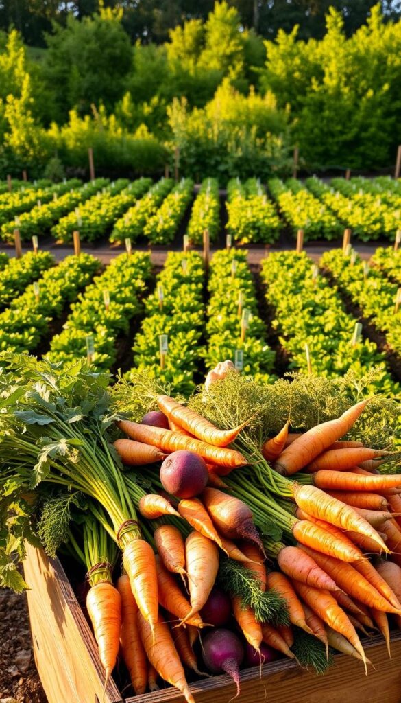 A lush, well-tended root vegetable garden thrives in the warm, golden light of an afternoon sun. In the foreground, a bountiful array of freshly harvested carrots, beets, and parsnips spill from a wooden crate, their vibrant colors and earthy textures on full display. In the middle ground, rows of neatly planted greens and herbs frame the root vegetables, creating a sense of abundance and careful cultivation. The background features a backdrop of verdant foliage, hinting at the garden's tranquil setting, perhaps nestled within a quaint rural landscape. The overall composition conveys a feeling of abundance, wholesome nourishment, and the deep connection between the land and the foods it produces. A lush, well-tended root vegetable garden thrives in the warm, golden light of an afternoon sun. In the foreground, a bountiful array of freshly harvested carrots, beets, and parsnips spill from a wooden crate, their vibrant colors and earthy textures on full display. In the middle ground, rows of neatly planted greens and herbs frame the root vegetables, creating a sense of abundance and careful cultivation. The background features a backdrop of verdant foliage, hinting at the garden's tranquil setting, perhaps nestled within a quaint rural landscape. The overall composition conveys a feeling of abundance, wholesome nourishment, and the deep connection between the land and the foods it produces.