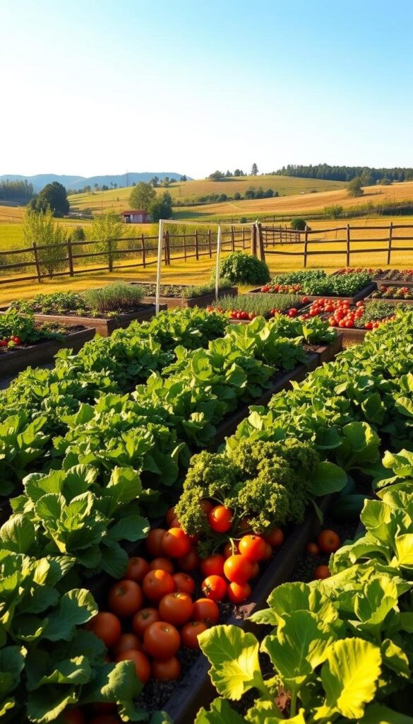 A lush, well-tended vegetable garden, bathed in warm, golden afternoon light. In the foreground, neat rows of beginner-friendly crops - plump tomatoes, crisp lettuce, vibrant carrots, and robust zucchini - thriving in raised garden beds. The middle ground features a variety of other easy-to-grow veggies, like peppers, radishes, and leafy greens, all neatly organized. In the background, a picturesque rural landscape with rolling hills, a wooden fence, and a cloudless blue sky, creating a serene, idyllic atmosphere. The overall composition conveys a sense of abundance, simplicity, and the joy of effortless vegetable gardening. A lush, well-tended vegetable garden, bathed in warm, golden afternoon light. In the foreground, neat rows of beginner-friendly crops - plump tomatoes, crisp lettuce, vibrant carrots, and robust zucchini - thriving in raised garden beds. The middle ground features a variety of other easy-to-grow veggies, like peppers, radishes, and leafy greens, all neatly organized. In the background, a picturesque rural landscape with rolling hills, a wooden fence, and a cloudless blue sky, creating a serene, idyllic atmosphere. The overall composition conveys a sense of abundance, simplicity, and the joy of effortless vegetable gardening.