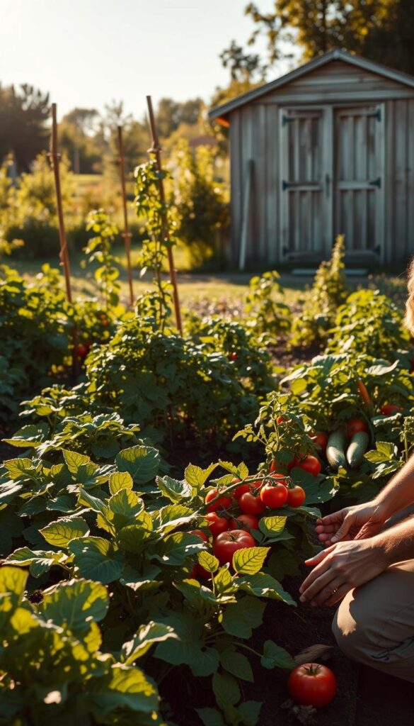 A lush, well-tended vegetable garden in the golden glow of afternoon sunlight. In the foreground, a gardener kneels, carefully tending to the leafy greens and vibrant vegetables, their hands deftly weeding and pruning. The middle ground showcases the abundant harvest, with tomatoes, carrots, and zucchini in various stages of growth. In the background, a neatly staked trellis supports climbing vines, and a wooden shed stands as a quiet sentinel, its weathered boards adding to the rustic charm. The scene exudes a sense of tranquility and the satisfying rewards of diligent garden maintenance. A lush, well-tended vegetable garden in the golden glow of afternoon sunlight. In the foreground, a gardener kneels, carefully tending to the leafy greens and vibrant vegetables, their hands deftly weeding and pruning. The middle ground showcases the abundant harvest, with tomatoes, carrots, and zucchini in various stages of growth. In the background, a neatly staked trellis supports climbing vines, and a wooden shed stands as a quiet sentinel, its weathered boards adding to the rustic charm. The scene exudes a sense of tranquility and the satisfying rewards of diligent garden maintenance.