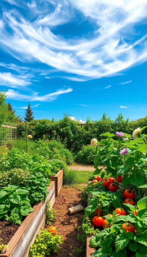 A lush, well-tended vegetable garden set in a cozy, sun-dappled corner of a backyard. The foreground showcases raised garden beds overflowing with vibrant greens, tomatoes, and other thriving produce. The middle ground features a meandering garden path, flanked by flourishing herbs and flowers that attract pollinators. In the background, a wooden fence or hedge provides a natural boundary, while a clear blue sky with wispy clouds overhead creates a serene, inviting atmosphere. The lighting is soft and diffused, casting gentle shadows and highlighting the verdant, healthy plants. The overall composition evokes a sense of tranquility, abundance, and the perfect setting to embark on a fulfilling vegetable gardening journey.