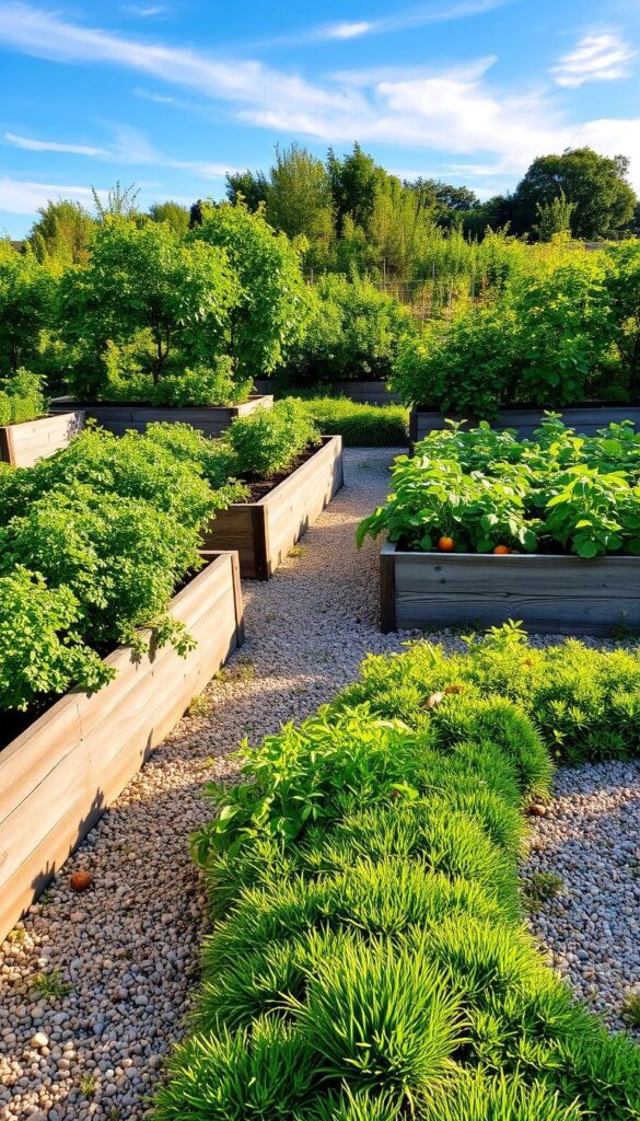 A meticulously designed raised bed garden, bathed in warm afternoon sunlight. The rectangular beds are constructed with weathered wooden planks, their edges softened by time. Lush, verdant plants flourish within, their leaves rustling gently in a light breeze. Carrots, leafy greens, and vibrant tomatoes grow in orderly rows, their colors a symphony of earthy tones. In the foreground, a winding gravel path invites exploration, leading the viewer deeper into this oasis of productivity. Surrounding the beds, a low stone wall adds a touch of natural elegance, blending seamlessly with the verdant landscape. Overhead, a clear blue sky, dotted with wispy clouds, completes the serene, inviting atmosphere. A meticulously designed raised bed garden, bathed in warm afternoon sunlight. The rectangular beds are constructed with weathered wooden planks, their edges softened by time. Lush, verdant plants flourish within, their leaves rustling gently in a light breeze. Carrots, leafy greens, and vibrant tomatoes grow in orderly rows, their colors a symphony of earthy tones. In the foreground, a winding gravel path invites exploration, leading the viewer deeper into this oasis of productivity. Surrounding the beds, a low stone wall adds a touch of natural elegance, blending seamlessly with the verdant landscape. Overhead, a clear blue sky, dotted with wispy clouds, completes the serene, inviting atmosphere.