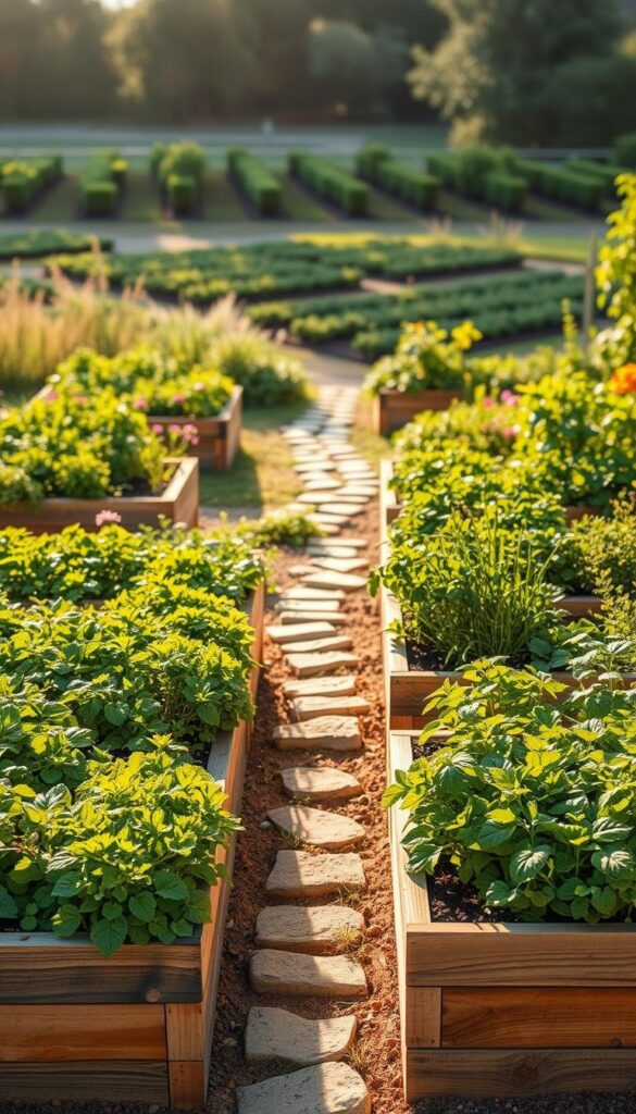 A meticulously designed raised bed garden, bathed in warm, golden sunlight. In the foreground, a series of rectangular beds, their edges defined by reclaimed wood planks. Each bed overflows with vibrant, lush greenery - thriving herbs, leafy vegetables, and colorful flowers. In the middle ground, a winding path of smooth, natural stones leads the eye deeper into the serene, carefully curated scene. The background fades into a tranquil, blurred landscape, hinting at the expansive, sun-dappled garden beyond. Gentle shadows cast by the beds and plants create a sense of depth and dimension. The overall composition evokes a harmonious, inviting atmosphere, perfect for a productive, visually captivating vegetable garden.