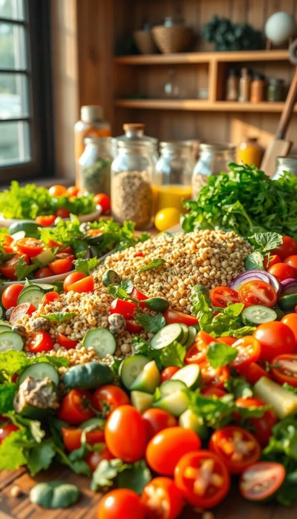 A mouthwatering display of fresh, vibrant summer salads overflows a rustic wooden table. In the foreground, a variety of colorful vegetables - juicy tomatoes, crisp cucumbers, crunchy bell peppers, and leafy greens - are arranged in an artful composition, bathed in warm, golden sunlight filtering through a large window. The middle ground features a mix of wholesome ingredients like quinoa, chickpeas, and avocado, dressed in a light, tangy vinaigrette. In the background, jars of fragrant herbs and spices add pops of color, complementing the overall sense of health and vitality. The scene exudes a relaxed, summery mood, inviting the viewer to indulge in these nourishing, vegetarian-friendly salad creations.