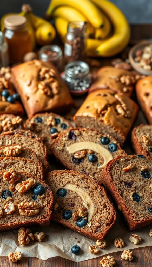 A mouthwatering display of freshly baked banana bread variations, showcasing an array of healthy add-ins. In the foreground, slices of rich, moist banana bread are arranged, some studded with walnuts, others swirled with ribbons of creamy peanut butter. Interspersed are bites of the bread, showcasing the vibrant hues of vibrant blueberries, crunchy granola, and earthy chia seeds. The middle ground features whole loaves of the bread, their golden crusts glistening under natural, warm lighting. In the background, a scattering of the ingredients used to create these delectable treats - ripe bananas, jars of honey, and a selection of nuts and seeds. The overall scene exudes a comforting, homemade atmosphere, inviting the viewer to imagine the delicious flavors and textures of these nourishing banana bread variations. A mouthwatering display of freshly baked banana bread variations, showcasing an array of healthy add-ins. In the foreground, slices of rich, moist banana bread are arranged, some studded with walnuts, others swirled with ribbons of creamy peanut butter. Interspersed are bites of the bread, showcasing the vibrant hues of vibrant blueberries, crunchy granola, and earthy chia seeds. The middle ground features whole loaves of the bread, their golden crusts glistening under natural, warm lighting. In the background, a scattering of the ingredients used to create these delectable treats - ripe bananas, jars of honey, and a selection of nuts and seeds. The overall scene exudes a comforting, homemade atmosphere, inviting the viewer to imagine the delicious flavors and textures of these nourishing banana bread variations.