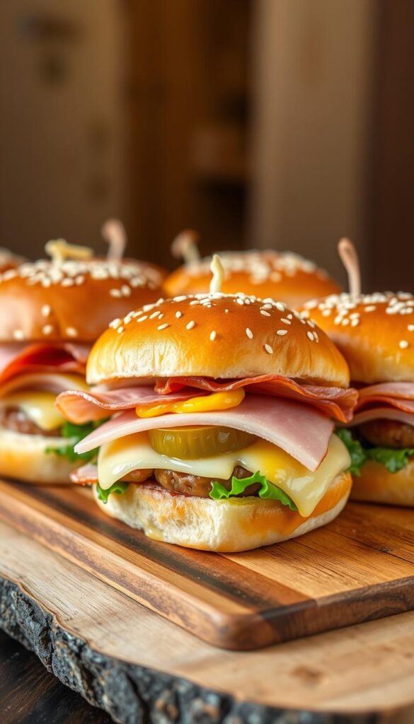 A mouthwatering display of gourmet sliders rests on a rustic wooden board, their petite buns golden-brown and adorned with sesame seeds. Juicy ham slices, melted Swiss cheese, and vibrant toppings like crisp pickles, tangy mustard, and fresh greens peek out from between the buns, creating a visually compelling and appetizing scene. Soft, even lighting from above casts a warm glow, highlighting the sliders' inviting textures and colors. The camera angle is slightly elevated, allowing the viewer to admire the composition of this artfully crafted culinary delight. A mouthwatering display of gourmet sliders rests on a rustic wooden board, their petite buns golden-brown and adorned with sesame seeds. Juicy ham slices, melted Swiss cheese, and vibrant toppings like crisp pickles, tangy mustard, and fresh greens peek out from between the buns, creating a visually compelling and appetizing scene. Soft, even lighting from above casts a warm glow, highlighting the sliders' inviting textures and colors. The camera angle is slightly elevated, allowing the viewer to admire the composition of this artfully crafted culinary delight.