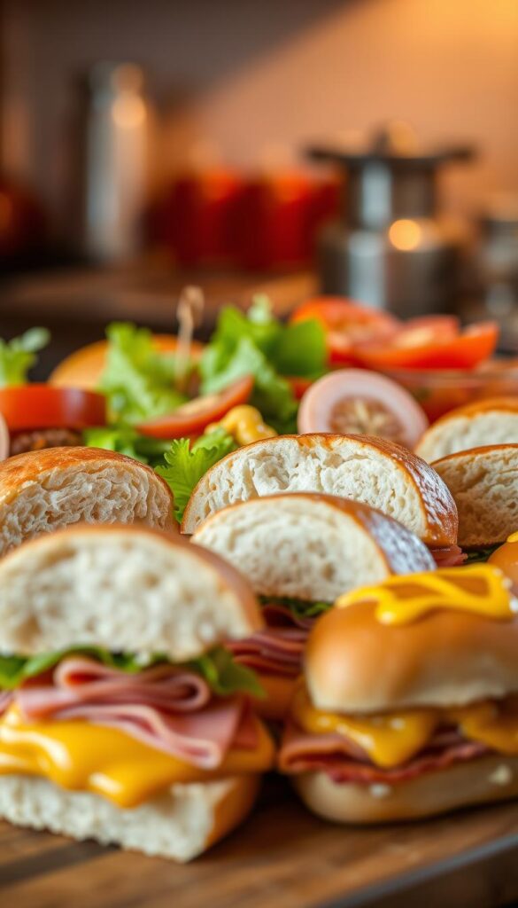 A mouthwatering display of slider variations, showcasing a tantalizing array of flavors and textures. In the foreground, a selection of fluffy brioche buns filled with melted cheddar and juicy ham, each slice artfully arranged. The middle ground features an assortment of garnishes and condiments, including crisp lettuce leaves, sliced tomatoes, and a drizzle of honey mustard. The background is softly lit, creating a warm and inviting atmosphere, as if these delectable sliders were freshly prepared in a cozy kitchen. Captured with a shallow depth of field, the image draws the viewer's attention to the delicious details, inviting them to imagine the satisfying crunch and savory delight of each bite. A mouthwatering display of slider variations, showcasing a tantalizing array of flavors and textures. In the foreground, a selection of fluffy brioche buns filled with melted cheddar and juicy ham, each slice artfully arranged. The middle ground features an assortment of garnishes and condiments, including crisp lettuce leaves, sliced tomatoes, and a drizzle of honey mustard. The background is softly lit, creating a warm and inviting atmosphere, as if these delectable sliders were freshly prepared in a cozy kitchen. Captured with a shallow depth of field, the image draws the viewer's attention to the delicious details, inviting them to imagine the satisfying crunch and savory delight of each bite.