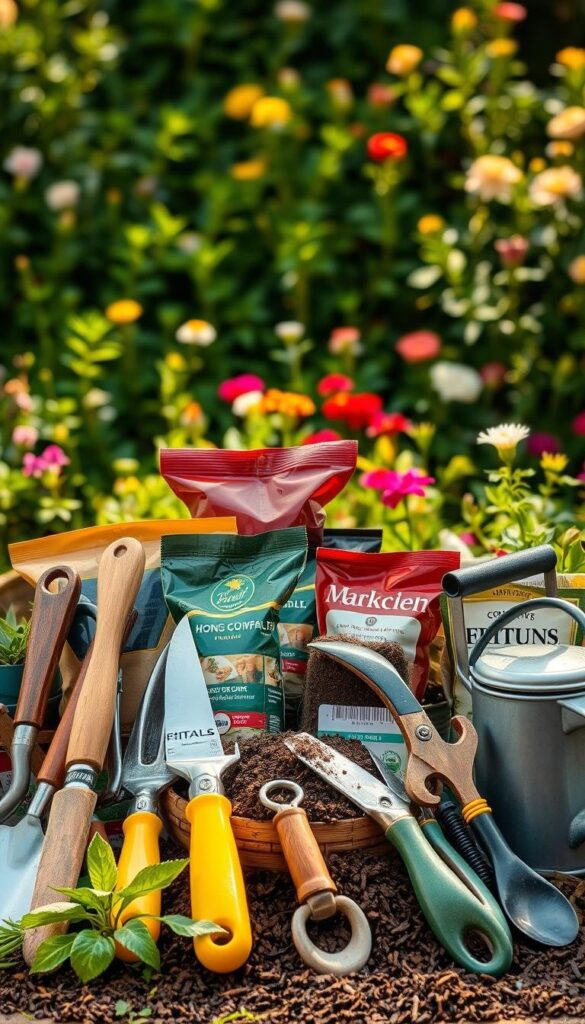 A neatly arranged collection of essential gardening tools and materials set against a lush, verdant background. In the foreground, an assortment of hand tools including trowels, pruning shears, hoe, and a watering can, all with a clean, well-maintained appearance. In the middle ground, various types of potting soil, fertilizers, and seed packets in earthy tones. In the background, a blurred but vibrant garden scene with flourishing plants and flowers, bathed in warm, natural lighting, creating a serene and inviting atmosphere.