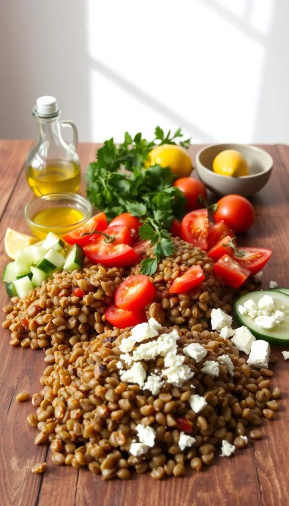 A neatly arranged composition of lentils, fresh vegetables, and various seasonings on a rustic wooden table. In the foreground, a pile of cooked lentils, diced tomatoes, sliced cucumbers, and crumbled feta cheese. In the middle ground, a small bowl of olive oil, a sprig of fresh herbs, and a lemon wedge. The background features a simple, minimalist setting with natural lighting flooding the scene, creating a warm and inviting atmosphere. The overall image conveys the essential ingredients and preparation steps for crafting a delectable lentil salad.