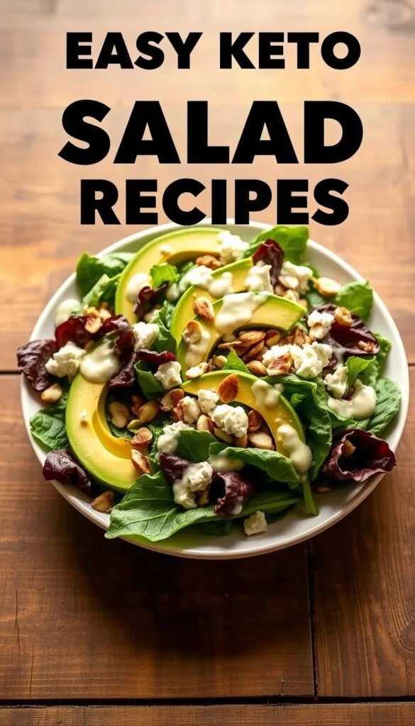 A neatly arranged salad with vibrant greens, sliced avocado, crumbled feta, and toasted almonds, bathed in a creamy keto-friendly dressing, captured in a soft, warm-toned lighting. The salad is presented on a rustic wooden table, with a minimalist, stylish background that evokes a sense of simplicity and health-consciousness. The composition is balanced, with the ingredients artfully placed to create an appetizing and visually appealing display. The overall mood is one of freshness, nutrition, and effortless sophistication, perfectly capturing the essence of "Easy Keto Salad Recipes".