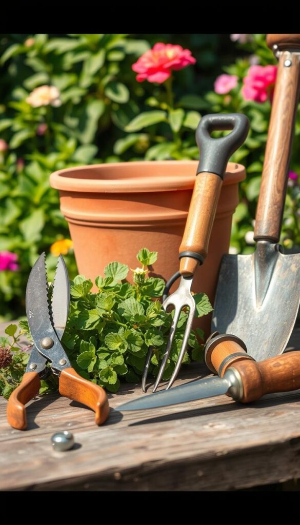 A neatly arranged selection of essential gardening tools rests on a weathered wooden table, bathed in warm, natural lighting. In the foreground, a pair of sturdy pruning shears, their blades gleaming, stand ready to tackle overgrown foliage. Alongside them, a well-worn trowel and a hand cultivator, their wooden handles polished by years of use. In the middle ground, a robust gardening fork and a trusty spade lean against a terracotta flower pot, hinting at the hard work that goes into tending a thriving vegetable garden. In the background, a lush, green backdrop of leafy plants and blooming flowers adds a sense of vitality and growth, setting the scene for a productive and rewarding gardening experience. A neatly arranged selection of essential gardening tools rests on a weathered wooden table, bathed in warm, natural lighting. In the foreground, a pair of sturdy pruning shears, their blades gleaming, stand ready to tackle overgrown foliage. Alongside them, a well-worn trowel and a hand cultivator, their wooden handles polished by years of use. In the middle ground, a robust gardening fork and a trusty spade lean against a terracotta flower pot, hinting at the hard work that goes into tending a thriving vegetable garden. In the background, a lush, green backdrop of leafy plants and blooming flowers adds a sense of vitality and growth, setting the scene for a productive and rewarding gardening experience.