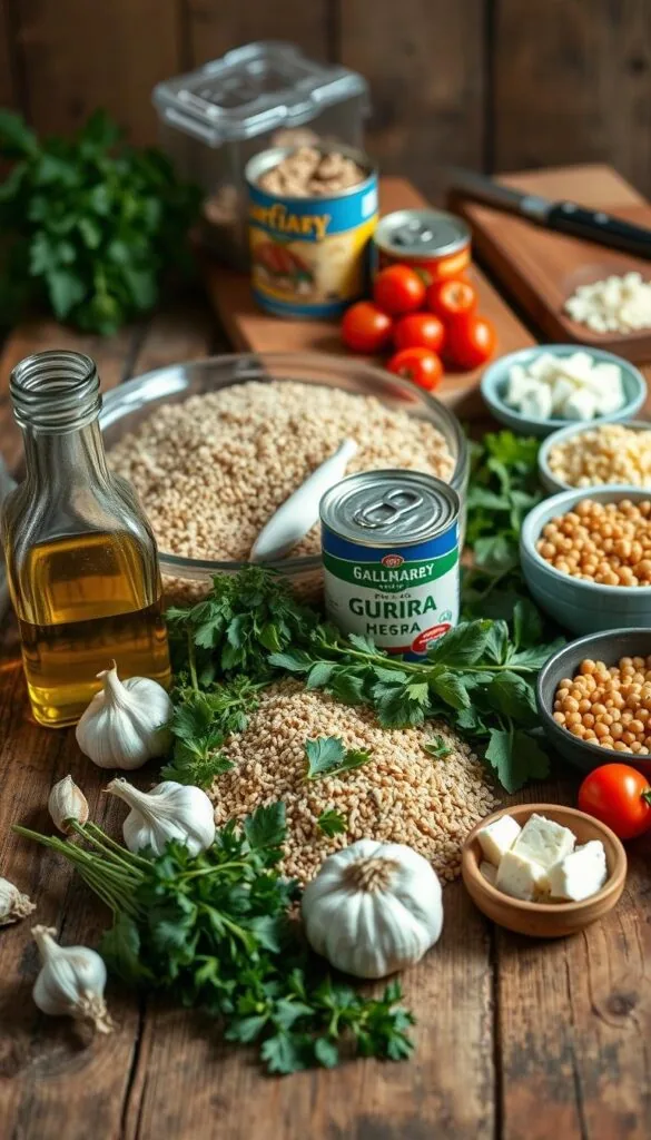 A neatly arranged spread of Mediterranean meal prep essentials on a rustic wooden table, with warm, natural lighting illuminating the scene. In the foreground, a selection of fresh herbs, garlic, and olive oil in glass bottles. In the middle ground, various whole grains like bulgur and quinoa, alongside canned chickpeas and tomatoes. In the background, a cutting board with knife and a plate of crumbled feta cheese. The overall atmosphere conveys a sense of simplicity, health, and the vibrant flavors of the Mediterranean culinary tradition.