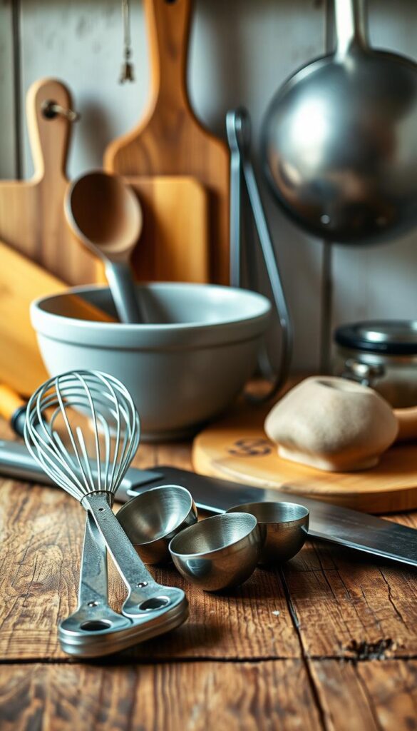 A neatly arranged still life of kitchen tools on a rustic wooden surface, bathed in warm, natural lighting that accentuates their textures and forms. In the foreground, a set of metal measuring spoons, a whisk, and a sharp chef's knife rest against a backdrop of a large ceramic bowl and a wooden spoon. In the middle ground, a pair of tongs and a zester sit alongside a cutting board, while in the background, a skillet and a saucepan hang from a rack, hinting at the broader culinary context. The overall composition conveys a sense of practicality and functionality, with each tool positioned to suggest its intended use in the preparation of a delicious meal. A neatly arranged still life of kitchen tools on a rustic wooden surface, bathed in warm, natural lighting that accentuates their textures and forms. In the foreground, a set of metal measuring spoons, a whisk, and a sharp chef's knife rest against a backdrop of a large ceramic bowl and a wooden spoon. In the middle ground, a pair of tongs and a zester sit alongside a cutting board, while in the background, a skillet and a saucepan hang from a rack, hinting at the broader culinary context. The overall composition conveys a sense of practicality and functionality, with each tool positioned to suggest its intended use in the preparation of a delicious meal.