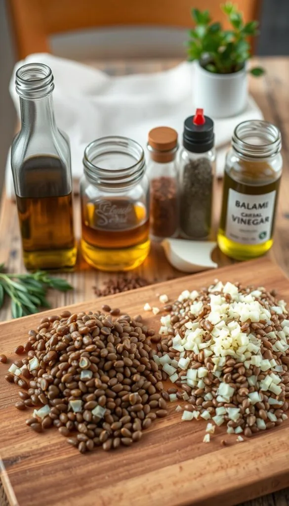 A neatly arranged still life showcasing the essential ingredients for sautéed lentils with spinach and garlic. In the foreground, a cutting board displays diced onions, minced garlic, and a pile of rinsed and dried lentils. In the middle ground, glass jars contain olive oil, balsamic vinegar, and a selection of spices like cumin, paprika, and dried thyme. The background features a rustic wooden table with a linen napkin and a small potted plant, creating a warm, inviting atmosphere. The lighting is soft and natural, highlighting the textures and colors of the ingredients. The overall composition conveys a sense of culinary preparation and the promise of a delicious, nutritious meal. A neatly arranged still life showcasing the essential ingredients for sautéed lentils with spinach and garlic. In the foreground, a cutting board displays diced onions, minced garlic, and a pile of rinsed and dried lentils. In the middle ground, glass jars contain olive oil, balsamic vinegar, and a selection of spices like cumin, paprika, and dried thyme. The background features a rustic wooden table with a linen napkin and a small potted plant, creating a warm, inviting atmosphere. The lighting is soft and natural, highlighting the textures and colors of the ingredients. The overall composition conveys a sense of culinary preparation and the promise of a delicious, nutritious meal.