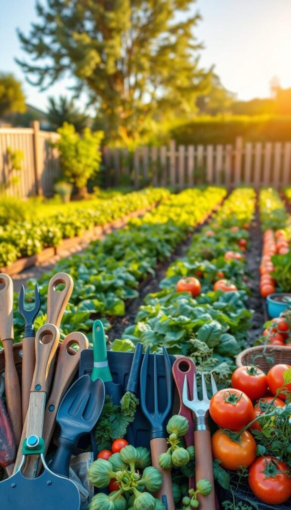 A neatly organized collection of essential gardening tools and supplies sits in the foreground of a well-tended backyard vegetable garden. In the middle ground, thriving rows of leafy greens, vibrant tomatoes, and other bountiful produce stretch out under the warm, golden glow of the afternoon sun. The background features a wooden fence, lush greenery, and a clear blue sky, creating a tranquil, serene atmosphere. Carefully composed to showcase the tools and supplies needed to cultivate a successful backyard veggie patch, the scene reflects the spirit of self-sufficiency and the joy of homegrown harvests.