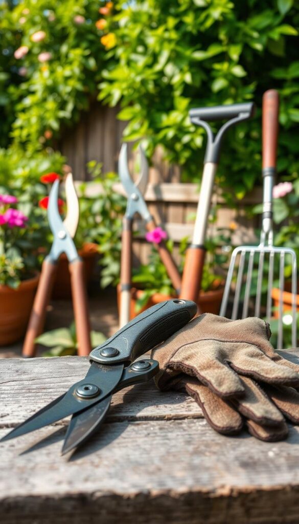 A neatly organized collection of essential gardening tools rests against a backdrop of lush foliage. In the foreground, a sharp pruning shears, a sturdy trowel, and a well-worn garden gloves sit atop a weathered wooden workbench, their utilitarian forms lit by soft, natural light. In the middle ground, a pair of long-handled loppers and a metal rake lean casually against a garden shed, hinting at the tasks they were designed to perform. The background showcases a vibrant, verdant scene of thriving plants and flowers, creating an atmosphere of productivity and tranquility. This arrangement conveys the practical yet pleasing aesthetic of the tools required to cultivate a bountiful backyard garden.