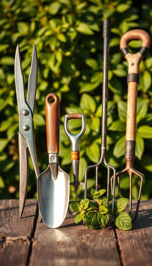 A neatly organized display of essential gardening tools on a rustic wooden surface, with warm, natural lighting casting soft shadows. In the foreground, a pair of pruning shears, a hand trowel, and a small hand cultivator stand upright, their metal surfaces gleaming. In the middle ground, a sturdy gardening fork and a garden hoe lean against a background of lush, verdant foliage. The composition is balanced and visually appealing, conveying a sense of simplicity and practicality for the novice gardener. A neatly organized display of essential gardening tools on a rustic wooden surface, with warm, natural lighting casting soft shadows. In the foreground, a pair of pruning shears, a hand trowel, and a small hand cultivator stand upright, their metal surfaces gleaming. In the middle ground, a sturdy gardening fork and a garden hoe lean against a background of lush, verdant foliage. The composition is balanced and visually appealing, conveying a sense of simplicity and practicality for the novice gardener.