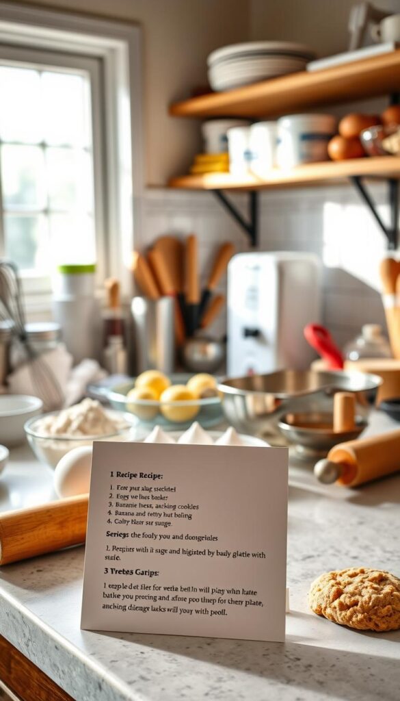 A neatly organized kitchen counter with various baking ingredients and utensils, including flour, sugar, eggs, a mixing bowl, a whisk, and a rolling pin. The scene is illuminated by soft, natural lighting from a window, casting a warm, inviting glow. In the foreground, a step-by-step recipe card is prominently displayed, guiding the viewer through the preparation process for delicious banana oatmeal cookies. The overall atmosphere evokes a sense of homemade comfort and culinary expertise.